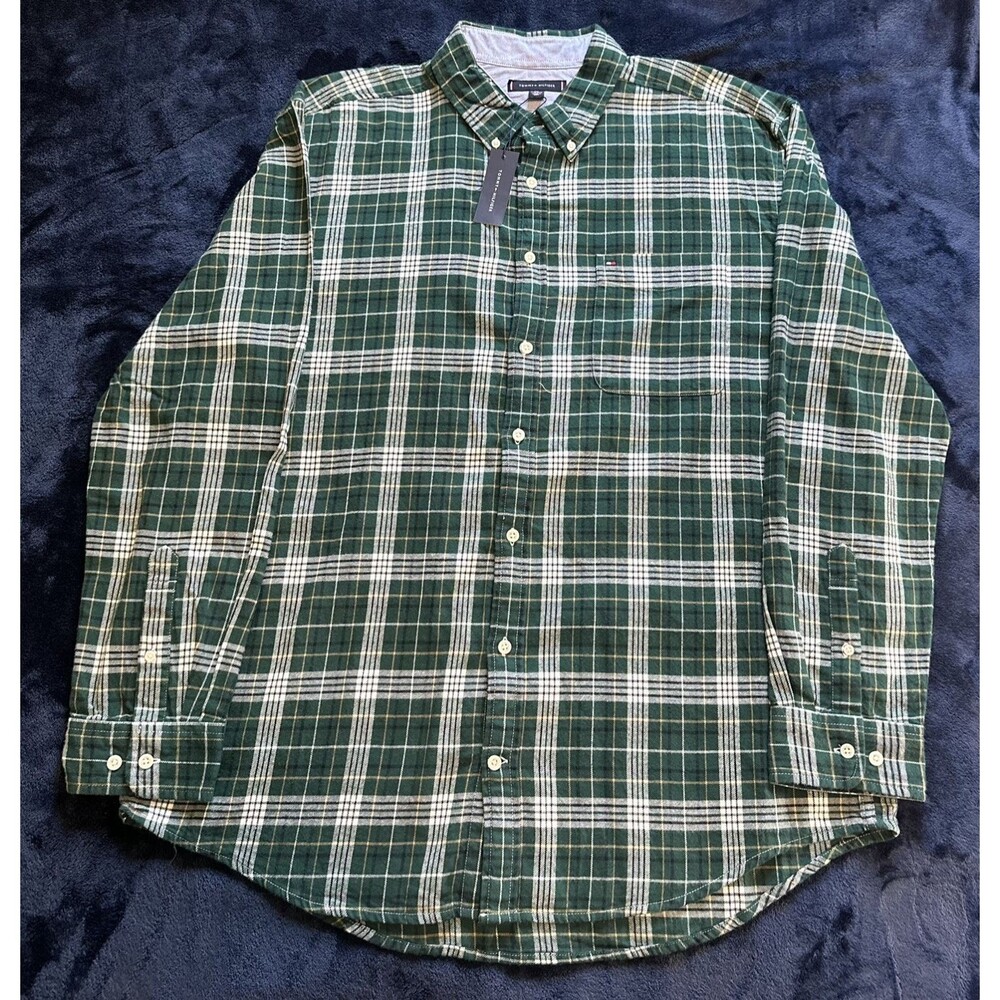 Tommy Hilfiger Flannel Shirt Men's XXL Green White Plaid Button Down Long Sleeve